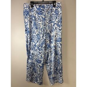 Talbots 1X Satin Dress Pant‎ Blue Paisley Wide Leg Elastic Waist Drawstring